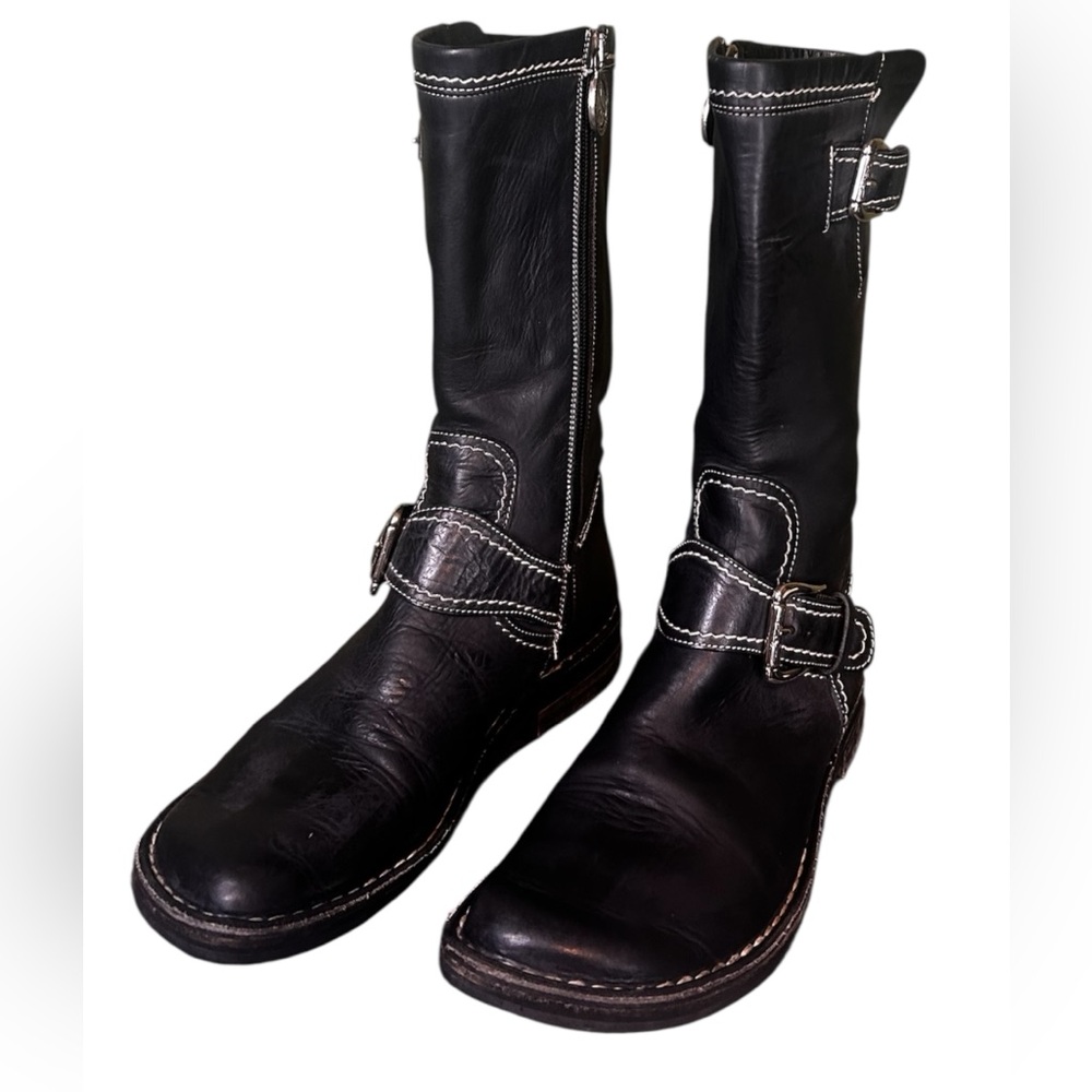 Donald J Pliner Vintage Moto Boots – Black Leather White Stitching – Size 36.5